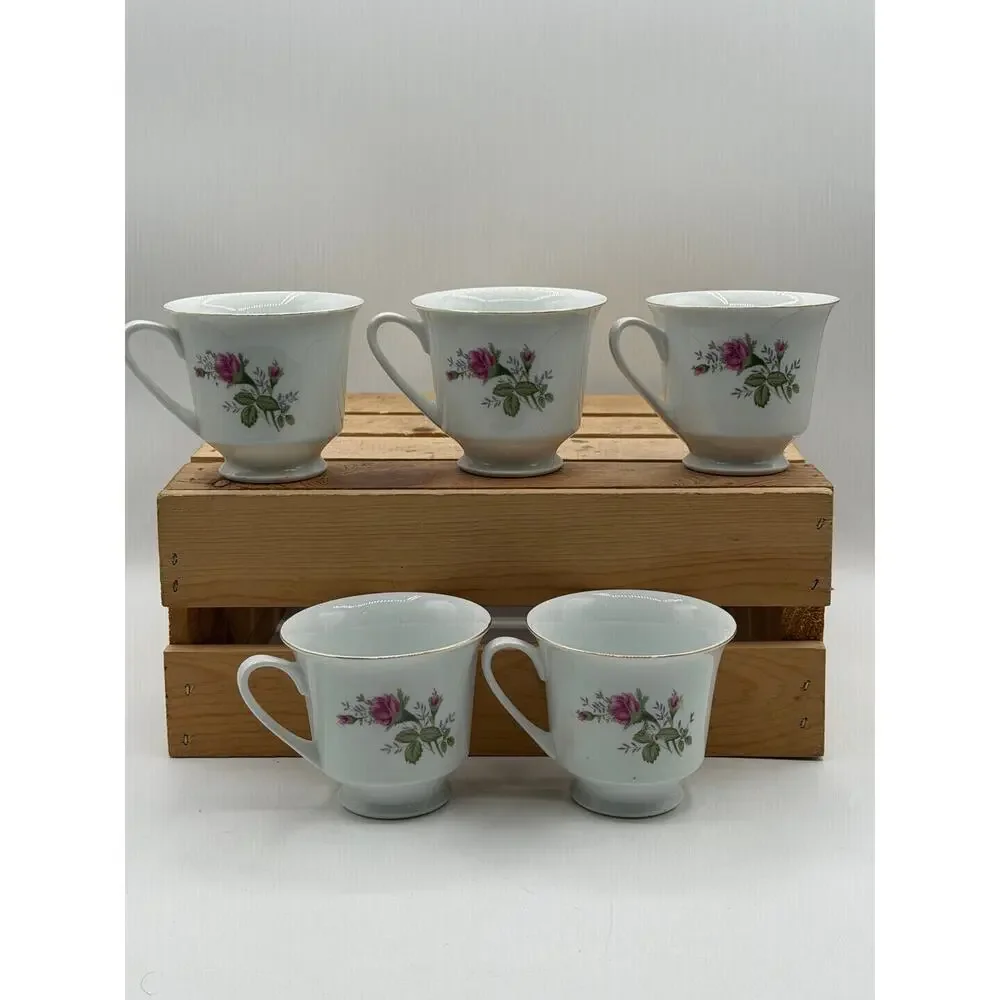 Vintage Pink Rose Porcelain Teacups with Gold Trim – Set of 5